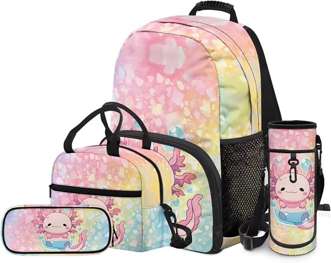 4 in 1 Kids Backpack Bookbag Set Cartoon Axolotl Backpacks School Bookbag with Lunch Box Bag and Pencil Bag Water Bottle Carrier Bag Set for Kids Teen Girls - Image 2