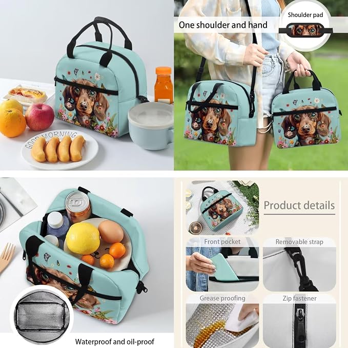 4 Pcs Backpack Set for Girls, Large Double Zipper School Bag Book Bag with Leakproof Lunch Box Pencil Bag Water Bottle Carrier for School and Daycare, Dachshund Colorful Floral - Image 4
