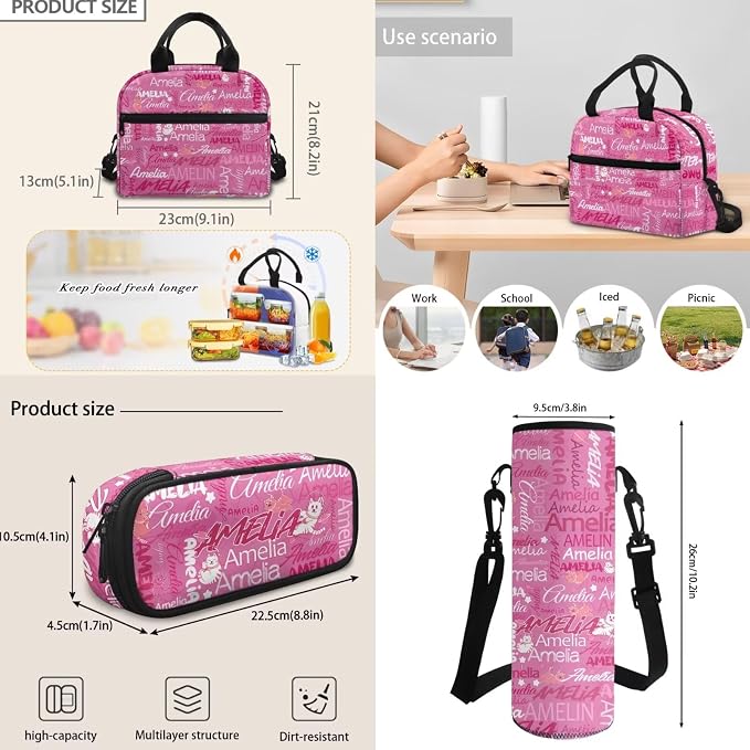 Cat Pink Art Name Design Custom School Backpack Book Bags for Girls Teens Bookbags Schoolbag Lunch Bag Water Bottle Pen Pouch Daypack Knapsack Rucksack Pencil Case for Back to School - Image 6
