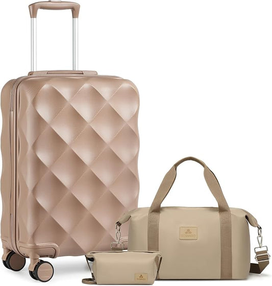 Somago Luggage Sets 20in Carry on Suitcase with TSA Lock YKK Zipper Spinner Wheels ABS Hardside Luggage 3 Piece Weekender Bags Travel Set, Khaki by SOMAGO