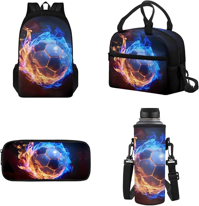 4 in 1 School Bags Kids Backpack Set with Insulated Lunch Box Bag Pencil Pouch Water Bottle Bag Preschool Primary Middle School School Supplies Kit for Sports Hiking, Football Flame Print by Tomeusey