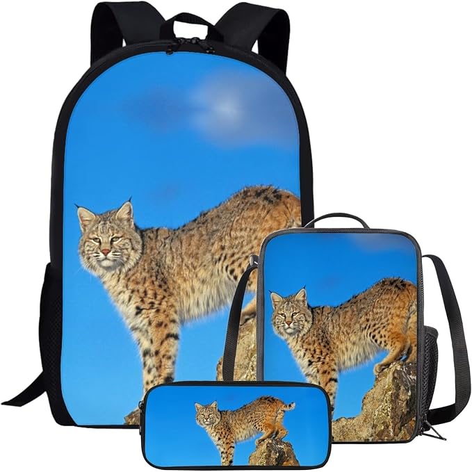 Kids Novelty Animal Backpack and Lunch Box for Boys Girls Student Lightweight 17 Inch School Canadian Lynx Backpack with Lunch Bag Pencil Case Kids Comfy Padded Black Large Bookbag by Parprinty
