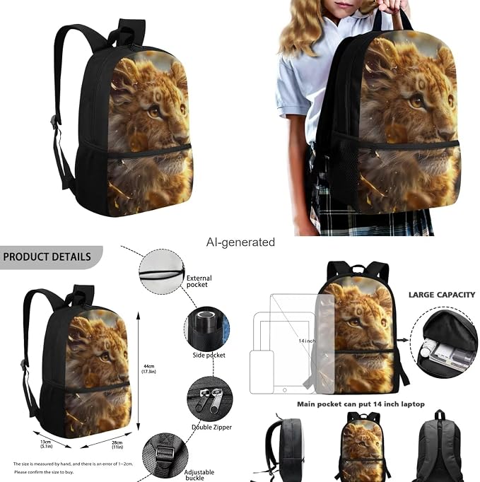 Lion Backpack for Kids Girls Backpack with Lunch Box Water Bottle Pouch and Big Pencil Pouch 4PCS Set Large Bookbag with Front Pocket 17 inch Large School Bag for Boys Kids Back to School Gift - Image 3