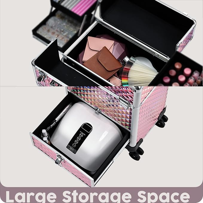 Rolling Makeup Case with Drawer Cosmetology Case on Wheels Makeup Trolley Sliding Drawer Makeup Travel Case for Esthetician, Mobile Stylist, Manicurist Barber Case Traveling Cart Trunk Glitter Pink - Image 5
