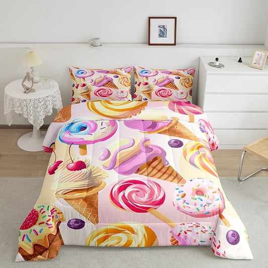 Erosebridal Girls Donuts Comforter Set Queen Size, Dessert Sweet Down Comforter for Kids Children Boys, Ice Cream Girly Pink Duvet Insert Cherry Cake Girly Flower Bedding Comforters for Bedroom by Erosebridal