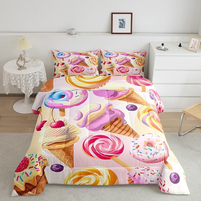 Erosebridal Girls Donuts Comforter Set Full Size, Dessert Sweet Down Comforter for Kids Children Boys, Ice Cream Girly Pink Duvet Insert Cherry Cake Girly Flower Bedding Comforters for Bedroom by Erosebridal