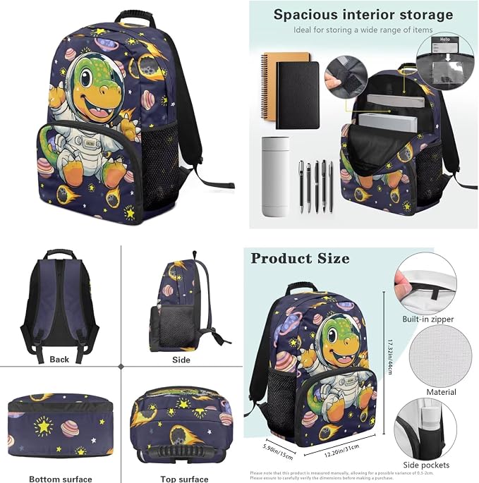 Dinosaur Astronaut Kids Backpack 4-in-1 Boys Backpack with Lunch Bag Box and portable Pencil Case Water Bottle Slevee for Kids Teens Elementary Preschool Kindergarten Primary School 17 inch - Image 7