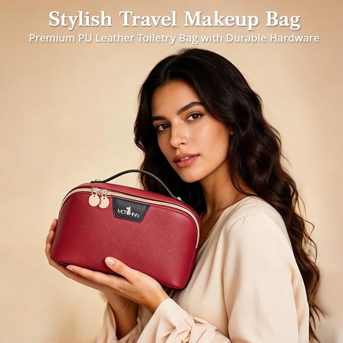 Travel Makeup Bag for Women: 3-in-1 Large Capacity Cosmetics Organizer with 2 Detachable Pouch - Vegan Leather Flat Open Toiletry Bag - Portable Travel Essentials for Full-Sized Bottles(Red) - Image 9