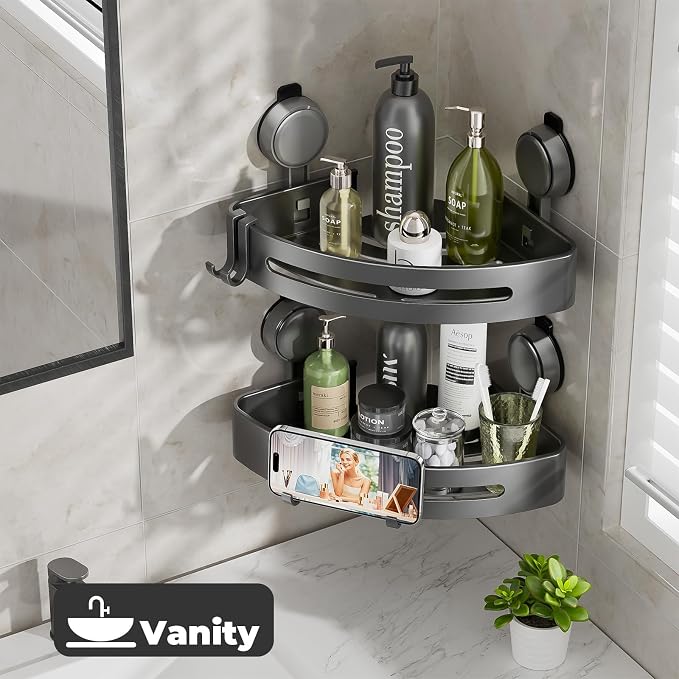 Corner Shower Caddy Suction Cup,Shower Shelves with Hooks,No Drilling Powerful Upgrade Suction Bathroom Corner Organizers and Storage,Removable Waterproof Rustproof Shower Shelf Bathroom Decor - Image 6
