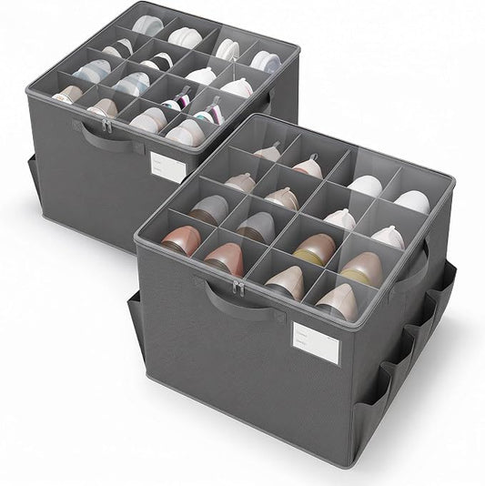Varhomax Shoe Organizer Box 2 Pack for Closet, Fabric Shoe Storage Bin with Adjustable Dividers & Clear Cover, Holds up 16-32 Pairs of Sneakers & Sandals for Entryway, Cubby (Gray) by Varhomax