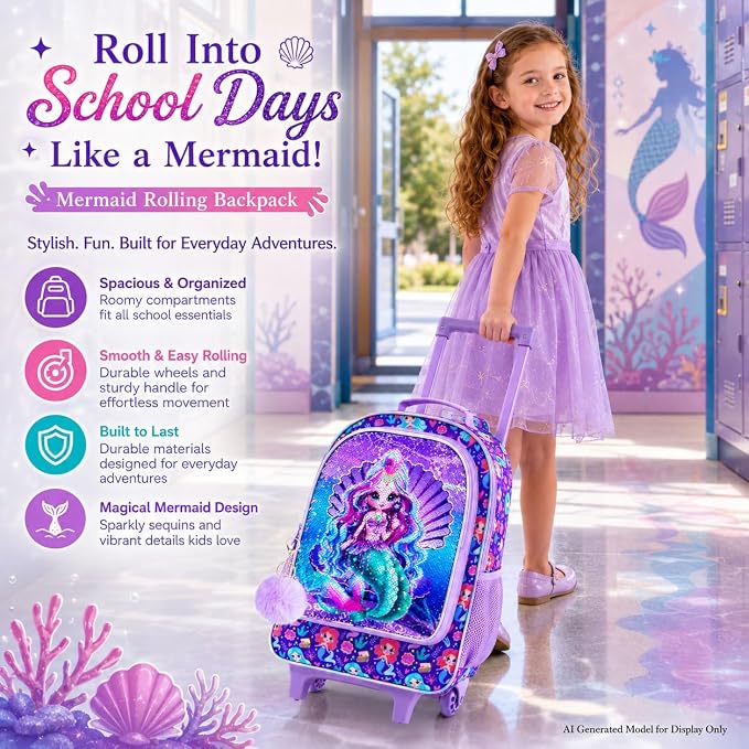 AGSDON 3PCS Rolling Backpack for Girls Boys, Kids Roller Wheels Bookbag, Wheeled School Bag with Lunch Bag - Image 2