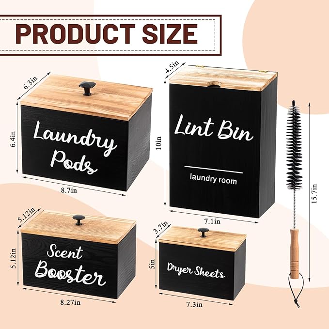 Dandat 4 Pcs Magnetic Laundry Pod Holder Laundry Room Container Set, Lint Bin with Scoop and Brush Dryer Sheet Holder, Scent Booster Container Rustic Gift Wood Farmhouse Room Decorcontainer(Black) - Image 2