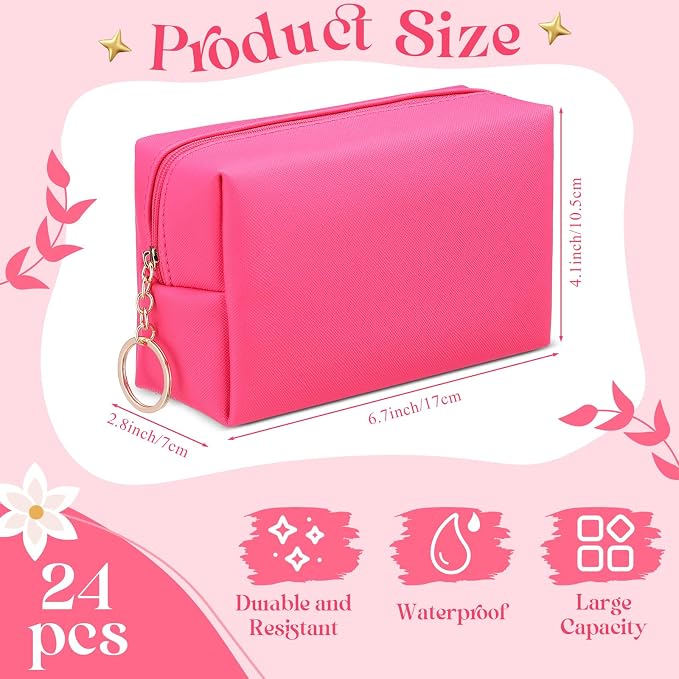 Chunful 24 Pcs Preppy Makeup Bag PU Leather Cosmetic Bag Bulk Makeup Plain Pouch Waterproof Toiletry Purse for Women Traveling Preppy Pencil Case Valentine's Day Gifts(Rose Red) - Image 2