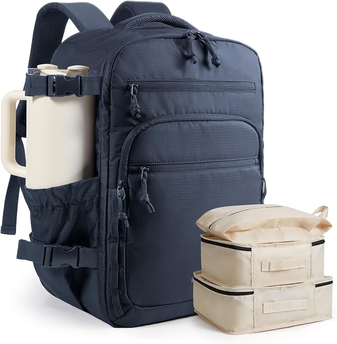 BAGSMART Travel Backpack for Women & Men 17.3 inch Laptop, Flight Approved Carry on Backpack with Shoe bag & 2 Packing Cubes, Water-Resistant Large Business Travel Bag, Weekender Bag - Navy Blue by BAGSMART