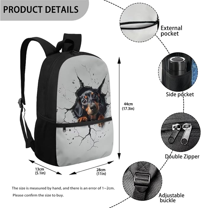 3D Dachshund Dog Print Backpack Set 17 Inch Schoolbag Large Capacity Bookbag Lunch Box Pencil Case Lightweight Travel Laptop Backpacks Rucksack Daypack with Zippered Pockets - Image 2
