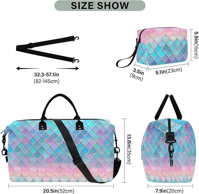 Weekender Bags Travel Duffel Gym Bag Carry on Overnight Tote Bag with Toiletry Bag for Airplane Travel Trip Gym Yoga (Fish Scales Mermaid) - Image 3