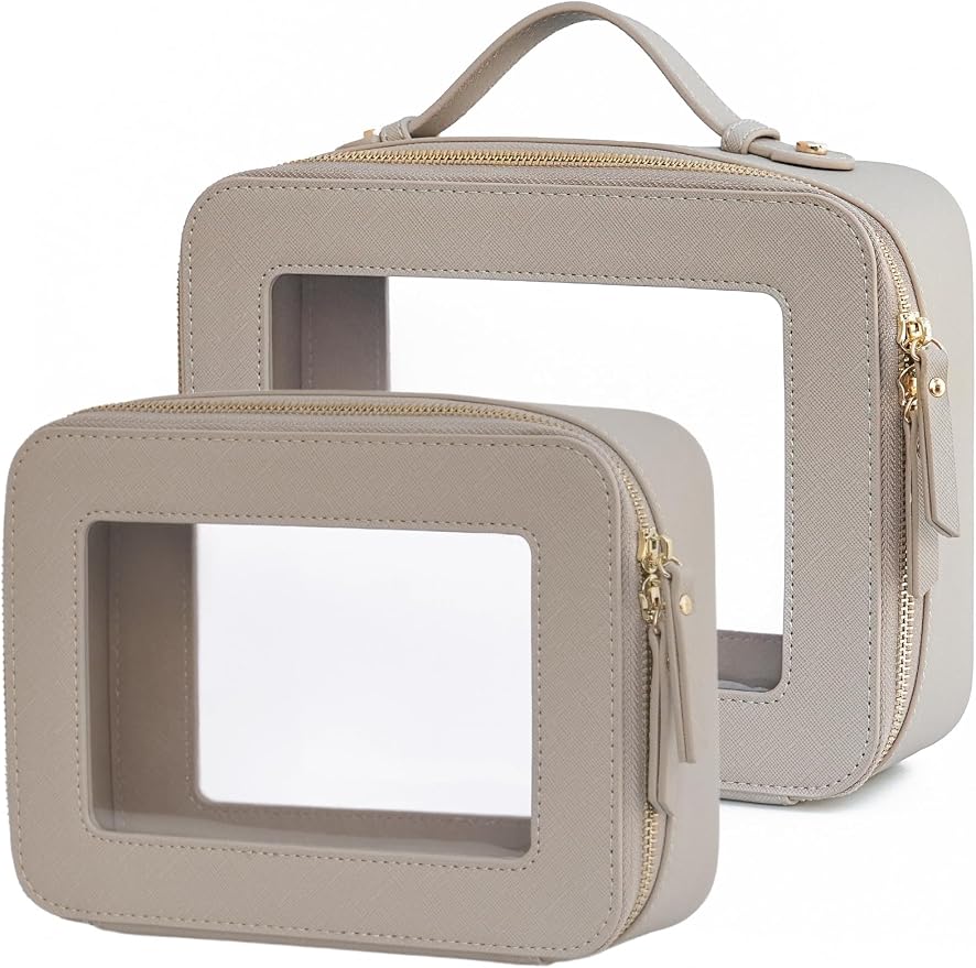 Popvibe Clear Makeup Bag Travel Cosmetic Case Transparent Toiletry Bag with Zipper, Portable Make Up Organizer Traveling Compact Car Bag for Essentials, Stone, Medium and Large by POPVIBE