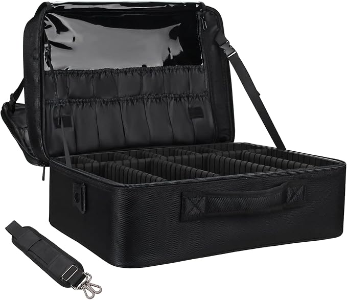 Relavel Extra Large Makeup Case, Professional Makeup Artist Bag Double Layer Compartment Cosmetic Travel Organizer Bag Makeup Brush Storage Holder with Adjustable Dividers and Shoulder Strap, Black by Relavel