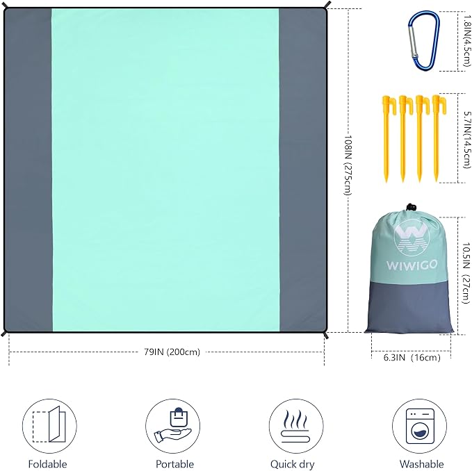 WIWIGO Beach Blanket Waterproof Sandproof Beach Mat 79" X 83"/10'x9'for 2-8 Adults Quick Drying Outdoor Picnic Mat Beach Accessories for Travel, Camping, Hiking - Image 2