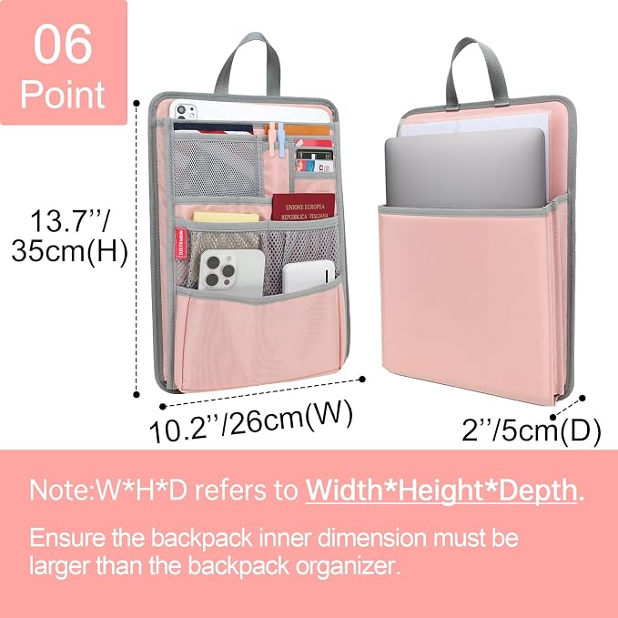 Stiff Backpack Insert Organizer for Men Women Bag In Bag,Water-repellent Nylon 13.7''x10.2''x2''-Pink - Image 2