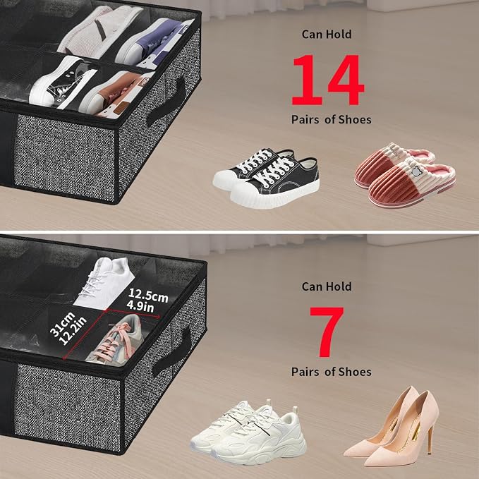 Onlyeasy 2 Pack Under Bed Shoe Storage Organizers with Handles & Clear window (Fit 14 +14 Pairs), Sturdy Underbed Box Organizer Shoe Storage Bags for Kids & Adults, Linen-like Black, MXAUBS14S14 - Image 9
