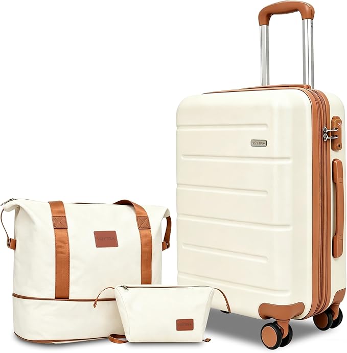 3-Piece Luggage Set with Carry On Luggage Set 22x14x9 Airline Approved, ABS Hardside Suitcase with 8 Spinner Wheels & TSA Lock, Expandable Suitcase for Men & Women (20/TB/DB Beige) by VoytraLuggageSuitcase