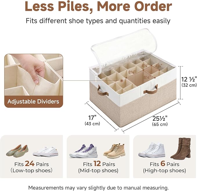 StorageWorks Shoe Organizer for Closet, Fits up to 24 Pairs, Shoe Cubby Storage Containers with Adjustable Dividers and Clear Cover, Brown & White - Image 2