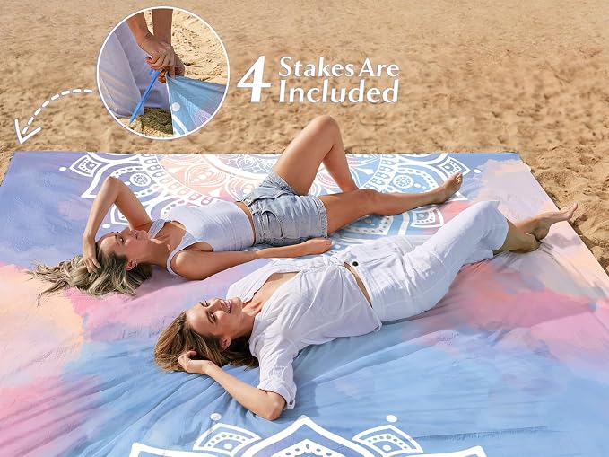 AlphaBeing Beach Blanket Waterproof Sandproof, Extra Large Beach Mat for 1–8 Adults, Oversized Picnic Blanket with 4 Stakes & Storage Bag, Essential Beach Gear for Travel - Image 6