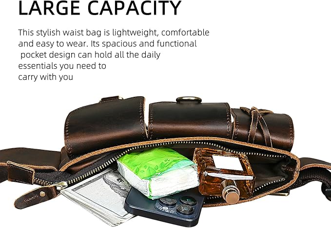 Water Resistant Canvas + Leather Hiking Riding Travel Fanny Waist Pack Small Phone Pouch For Men Women FB811-29 (100% Leather-The 341 Coffee) - Image 6