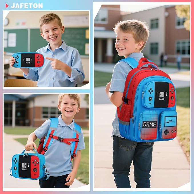 Gamer Backpack for Boys , 3PCS Boys Backpack with Lunch Box & Pencil Pouch, Waterproof School Bags for Boy Kids Children Teens, Elementary Middle School, Kids Book Bag Casual Daypack (Red Blue) - Image 8