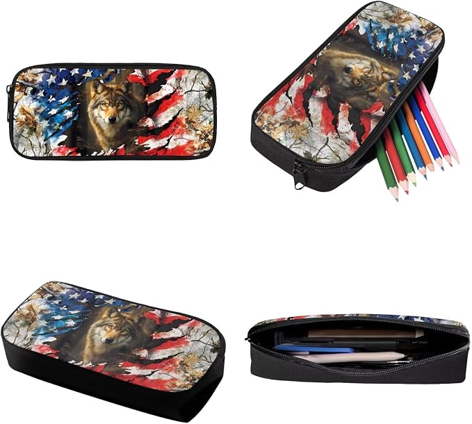 Camo Forest American Flag Wolf Print Schoolbag Set for Boys, 4th of July Backpack Set with Lunch Box and Pen Case, Casual Daypack Suitable for School, Picnic or Travel - Image 7