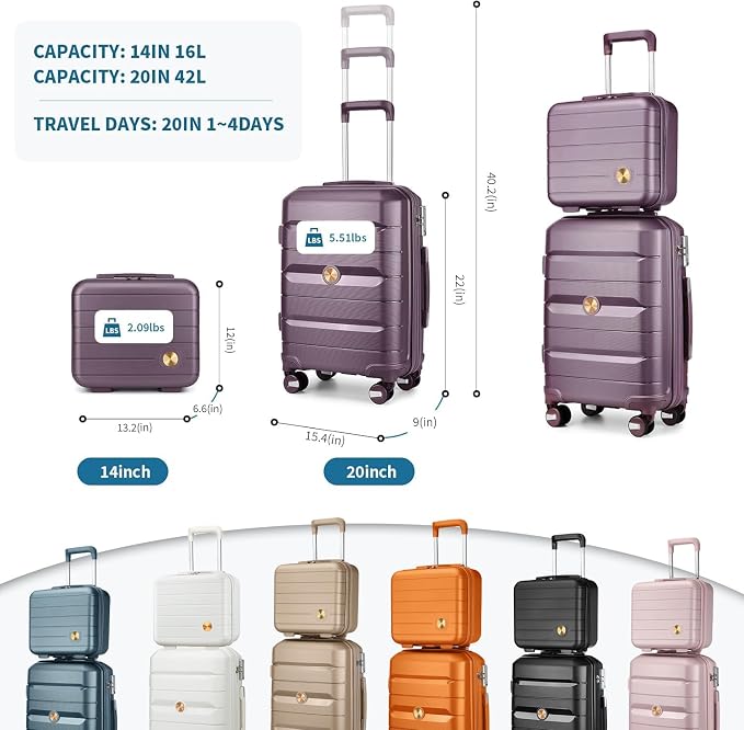 Somago 20" Carry On Luggage and 14" Mini Cosmetic Cases Travel Set Lightweight Polypropylene Suitcase with TSA Lock YKK Zipper Hardside Luggage with Spinner Wheels (2 Piece Set, Elegant Purple) - Image 7