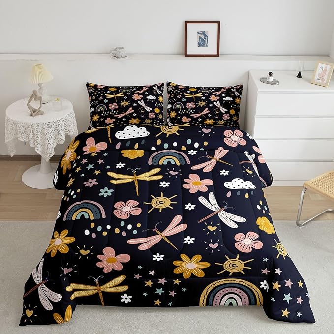 Erosebridal Rainbow Comforter Set, Cartoon Dragonfly Quilt Queen Size for Kids Girls Women Adult, Pink Flower Floral Duvet Insert Kawaii Iridescent Bedding Set 3Pcs with 2 Pillow Cases, Black Yellow - Image 2