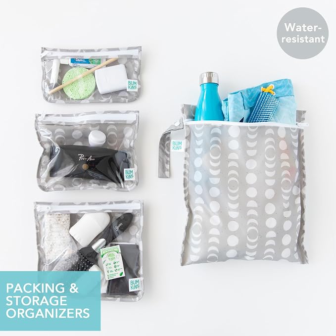 Bumkins - Waterproof Wet Bag & Clear Travel Bags - For Beach, Baby, Travel, Swim Suit, Cloth Diapers, Pump Parts, Pool, Gym, Toiletries - Reusable & Easy to Clean - Lunar Gray - 4 Pack - Image 2