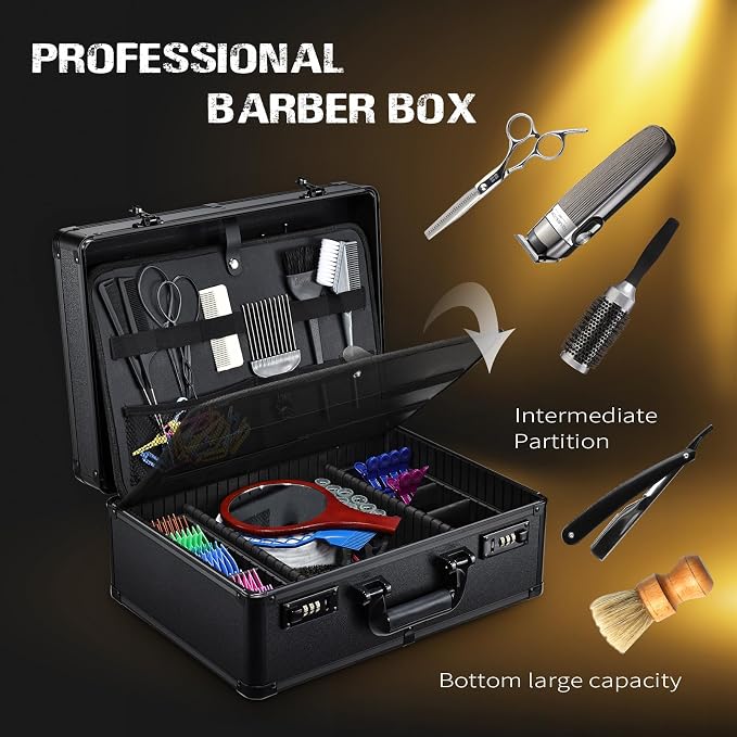 Yueieoun Barber Accessories Case, Profesional Barbers Briefcase Tool Case, Barber Cases for Clippers and Supplies, Hair Scissors Clippers Trimmer Organizer, Barbers Suitcase with Code Lock Black - Image 2