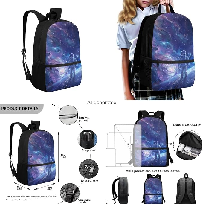 Galaxy Astronaut Backpack for Kids Boys Backpack with Lunch Box Water Bottle Carrier and Canvas Pencil Pouch 4PCS Set Bookbag with Front Pocket 17 inch School Bag with Side Pocket for Girls - Image 3