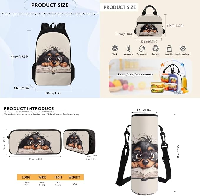 Funny Dachshund Book Backpack for School Teens Bookbags with Reusable Lunch Box Pencil Pouch Water Bottle Organizer Set of 4 Pcs Hiking Bookbag Lightweight Book Bags Rucksack for Travel - Image 7