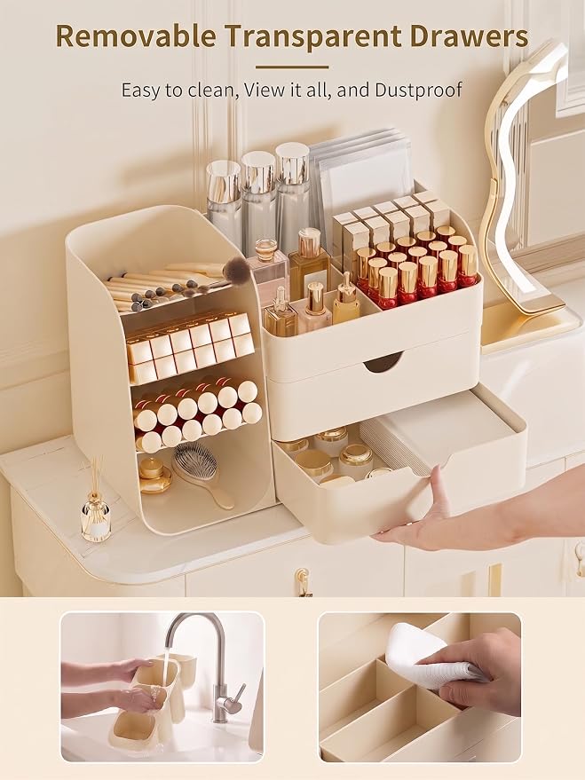 Booklov Small Makeup Organizer for Vanity and Bathroom Countertop, Cream | Plastic Cosmetic Display Case with Drawers, Beauty Brush Holder for Dresser Counter Skin Care Eyeshadow Lipstick Storage - Image 5
