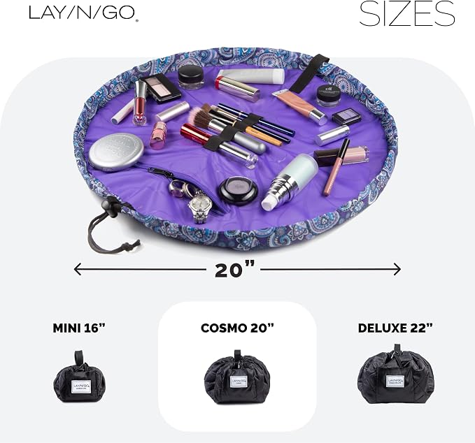 Lay-n-Go Cosmo Drawstring Cosmetic & Makeup Bag Organizer - Portable Drawstring Makeup Bag w/Zipper Pocket, Makeup Loops & More - Durable, Machine Washable Toiletry Bag (20", Purple Paisley) - Image 5