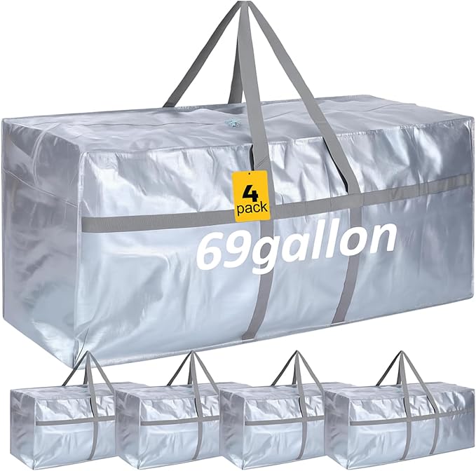 Windyun 4 Pack 69 Gallon Extra Large Moving Bags XXL Heavy Duty Storage Bag with Strong Zipper Handle Jumbo Big Tote Box Foldable for College Dorm Travel Clothes Duffle Blanket Pillow(Silver) by Windyun