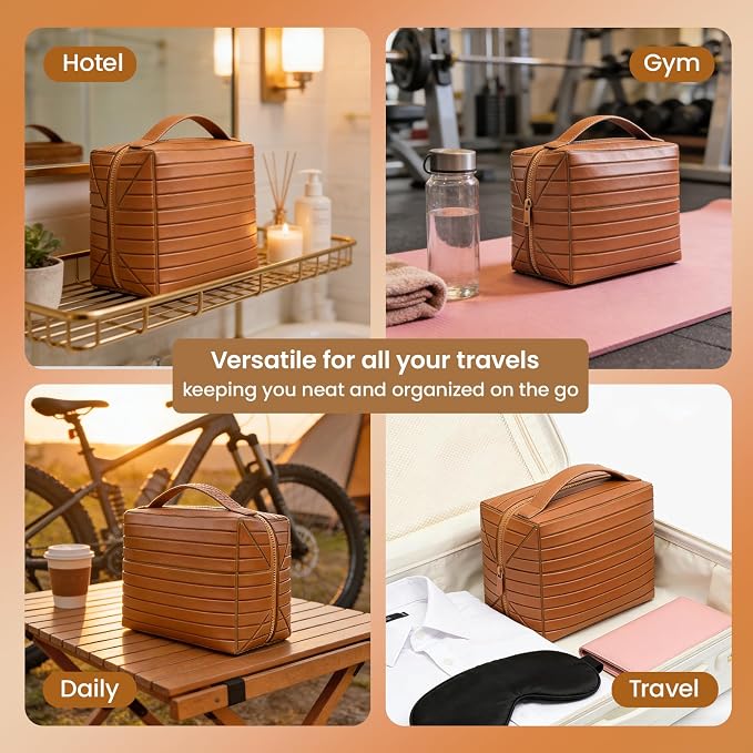 Fold Down Standing Makeup Bag – Large Travel Toiletry Organizer (Brown) | Parallel Design and Adjustable Dividers, Stands Upright or Folds Flat. Multiple Pockets Fit Full‑Size Cosmetics & Toiletries. - Image 2