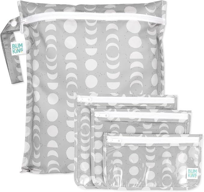 Bumkins - Waterproof Wet Bag & Clear Travel Bags - For Beach, Baby, Travel, Swim Suit, Cloth Diapers, Pump Parts, Pool, Gym, Toiletries - Reusable & Easy to Clean - Lunar Gray - 4 Pack by Bumkins