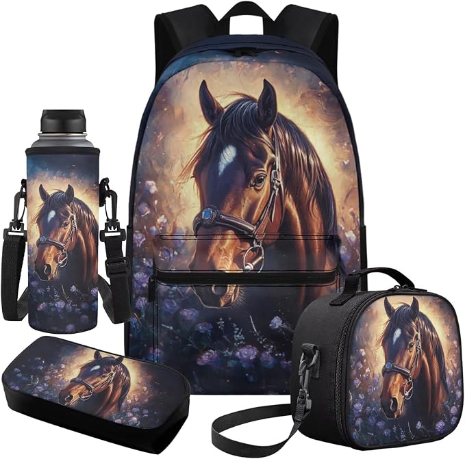 Kids Backpack and Lunch Box Set, Horse Backpack for Middle School Girls, Cute Backpacks for Teen Girls, 17 Inch Elementary School Bookbag Ages 6-8 8-10 Large Book Bag Set for Teens - Image 2