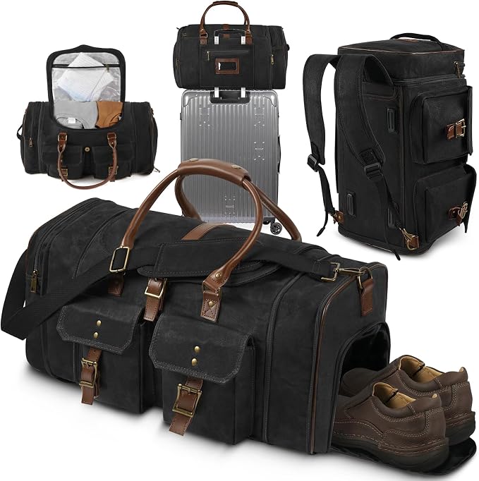 ARCFOX Vintage Waxed Canvas Duffle Bag for Men, Expandable to 45L Waterproof Weekender Overnight Travel Bag with Shoe Compartment, Adjustable Shoulder Strap, Carry On Duffel Bags for Airplanes, Black by ARCFOX