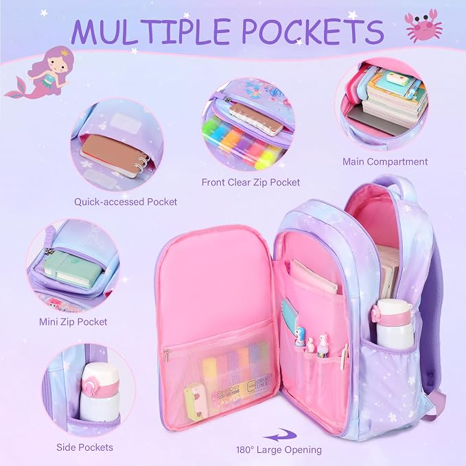 ACESAK Kids Backpack for Girls, Mermaid Backpack Set with Over-ear headphones, Lunch Bag Set for School, Girls Backpack for Elementary Middle school Teen Student(Purple) - Image 3