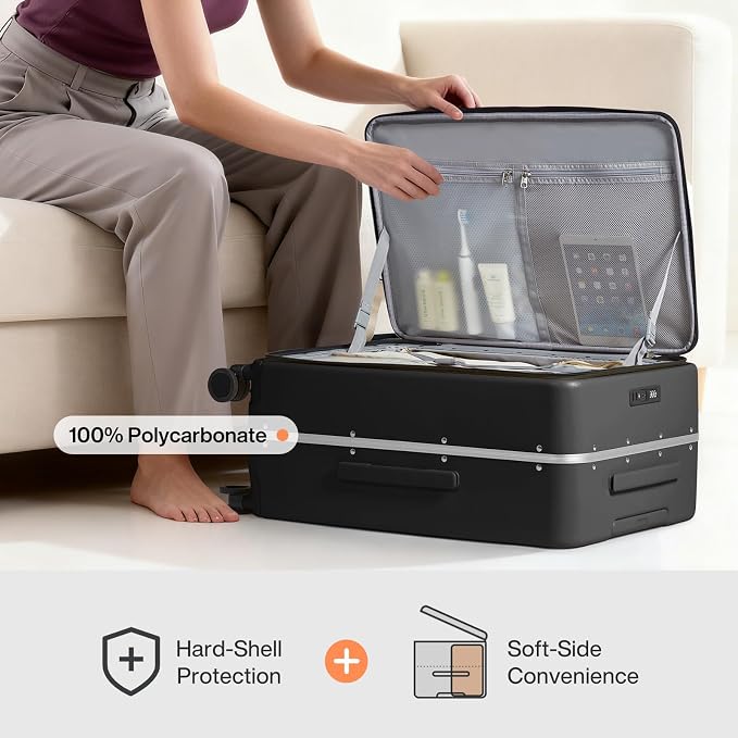 mixi 24 Inch Checked Luggage PC Hard Shell Suitcase Top Opening Aluminum Frame Travel Suitcases with Wheels, Blcak - Image 4