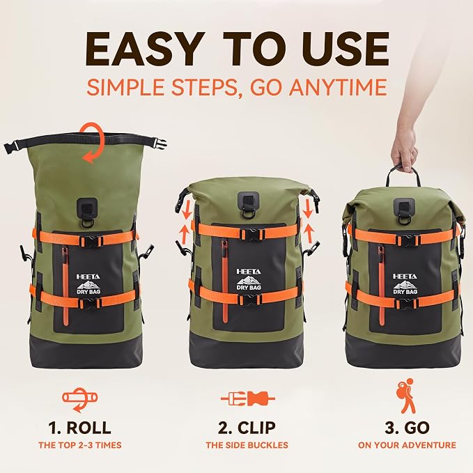 HEETA Dry Bags Waterproof Backpack 40L for Men & Women, Roll Top Heavy Duty Cushioned Hiking Backpack for Kayaking Boating Paddle Boarding Fishing Travel Camping Beach Vacation Cruise Ship Essentials - Image 3