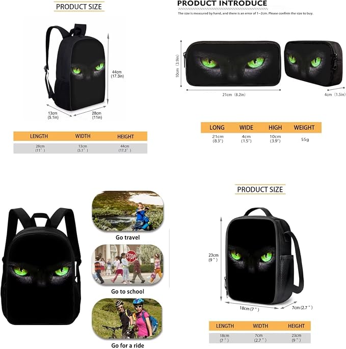 Mumeson Black Cat 3 Piece Kids Backpack Middle High School Bag Set with Lunch Box Pencil Case 3 in 1 Bookbag Set for Boys Girls,Large Capacity Travel Daypack Rucksack - Image 5