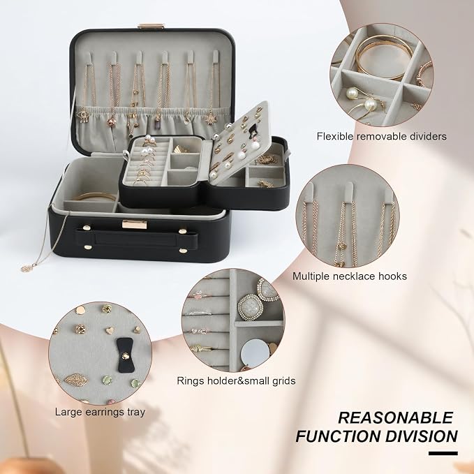Black Jewelry Box, Large Travel Jewelry Case Organizer, 2 Layer Jewelry Holder Organizer, Traveling Jewelry Organizer for Women, Watch Case for Women（Black） - Image 3