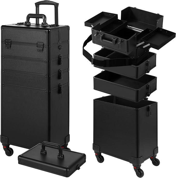 Somduy Rolling Makeup Case, Makeup Train Case with Lid, 5 in 1 Cosmetology Case on Wheels, Christmas Gift, Large Makeup Organizers, Profesional Cosmetic Case for Salon Barber, Black - Image 8